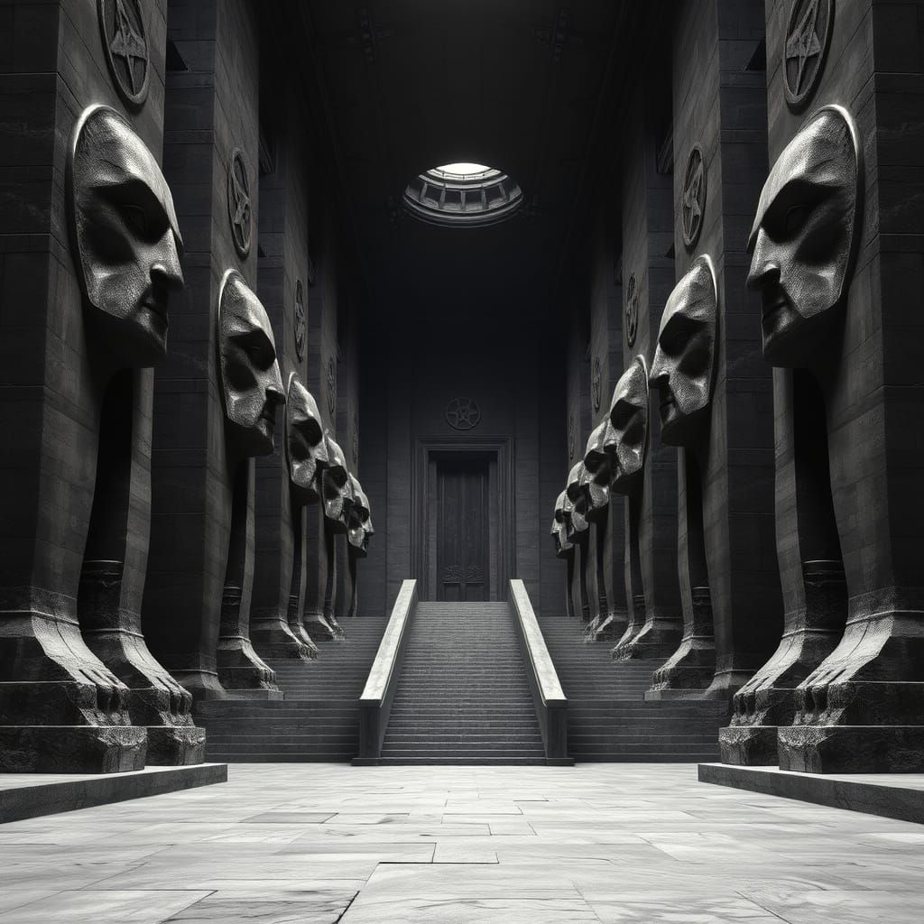 Gothic Monolithic Halls with Brutalist Statues and Ominous S...