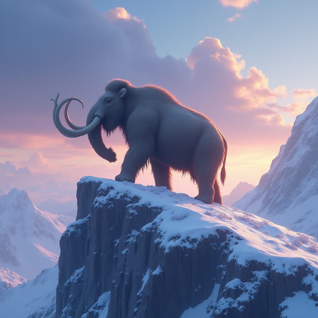 Majestic Woolly Mammoth on Snowy Mountain Peak in Vibrant Bl...
