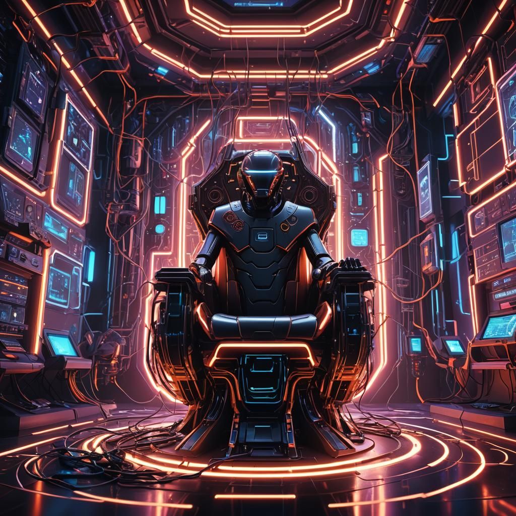 AI on Digital Throne in Neon Futuristic Control Room