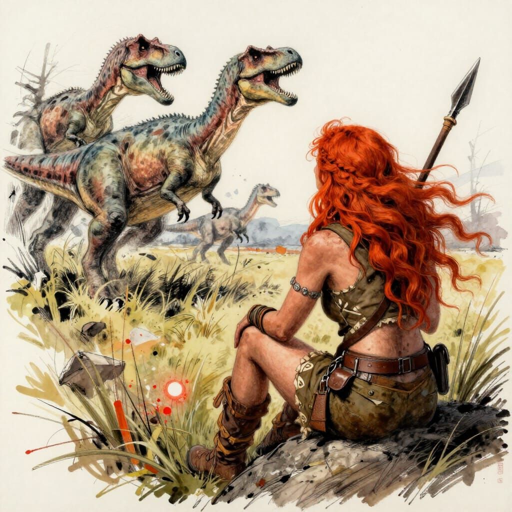 Cave Woman With Spear Watches Dinosaur Prey Maximalist Water...