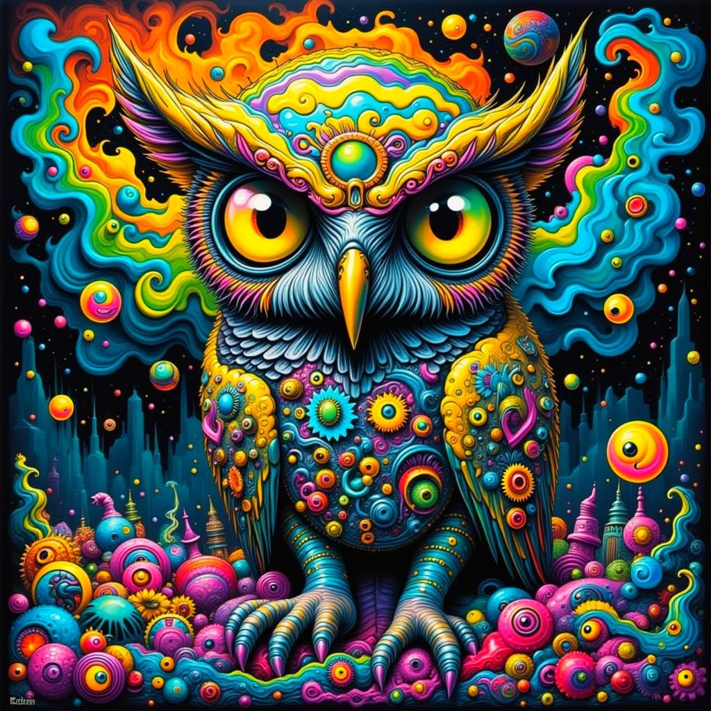 Gothic Owl Baby in Neon Glitch Art