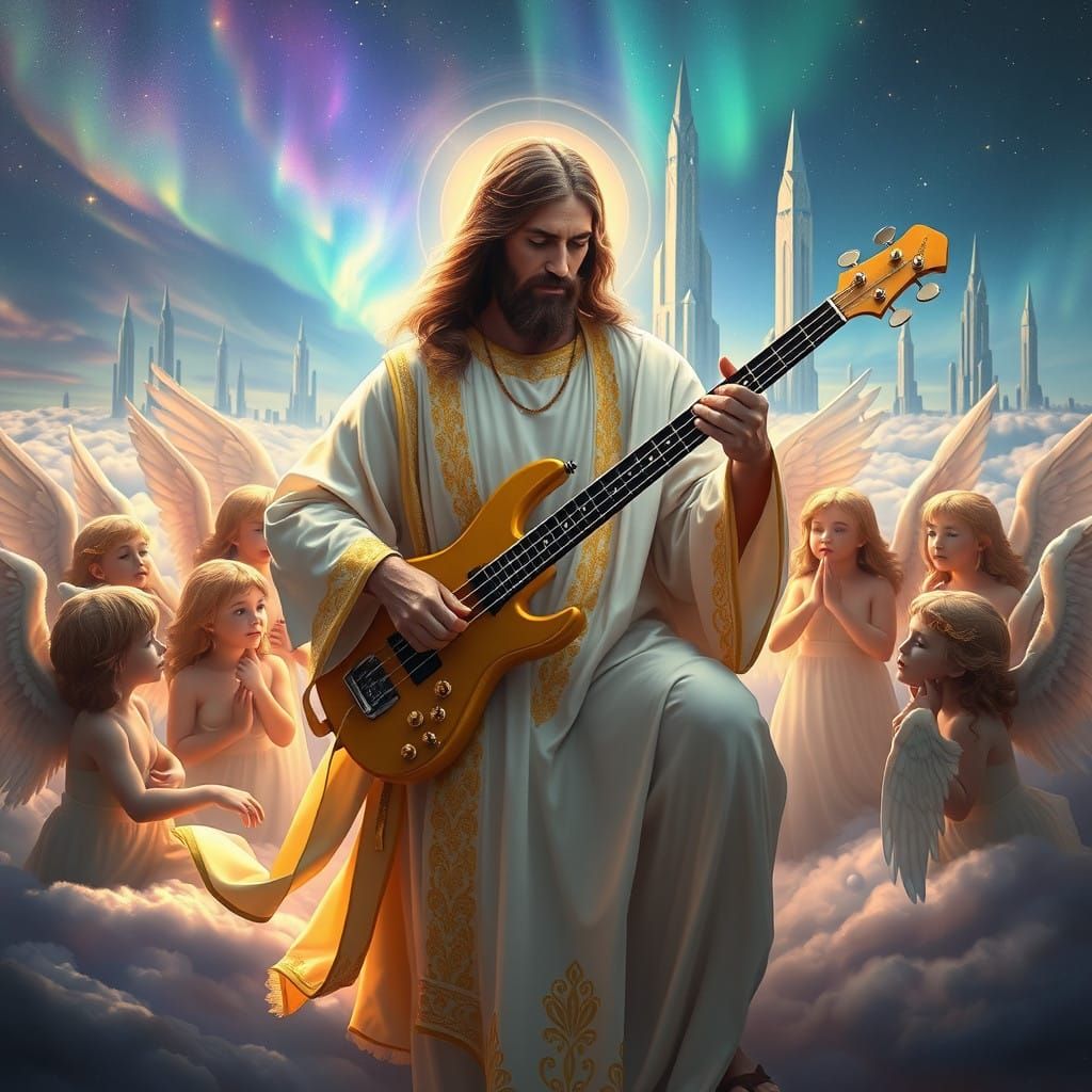 Jesus Performs for Angelic Friends with 6-String Bass in Cel...