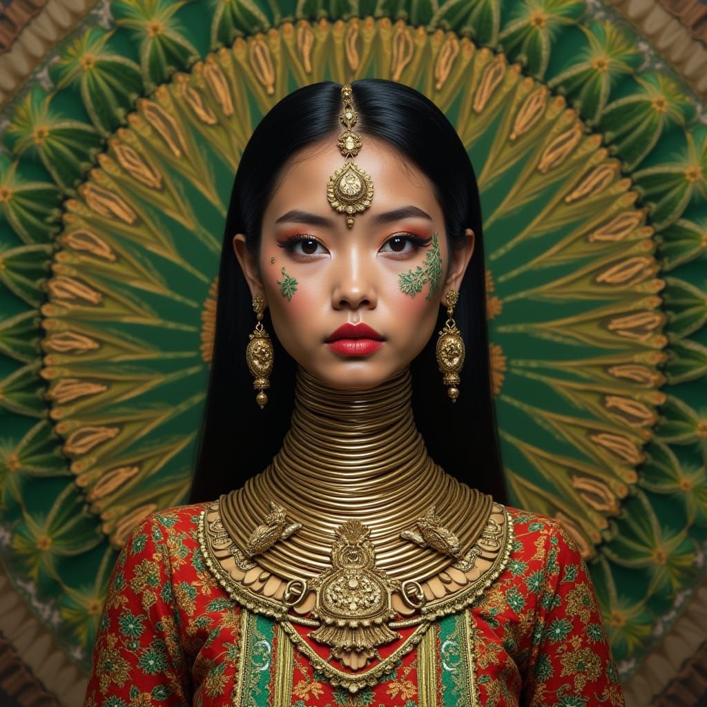 Young Indonesian Woman with Long Neck and Vibrant Traditiona...