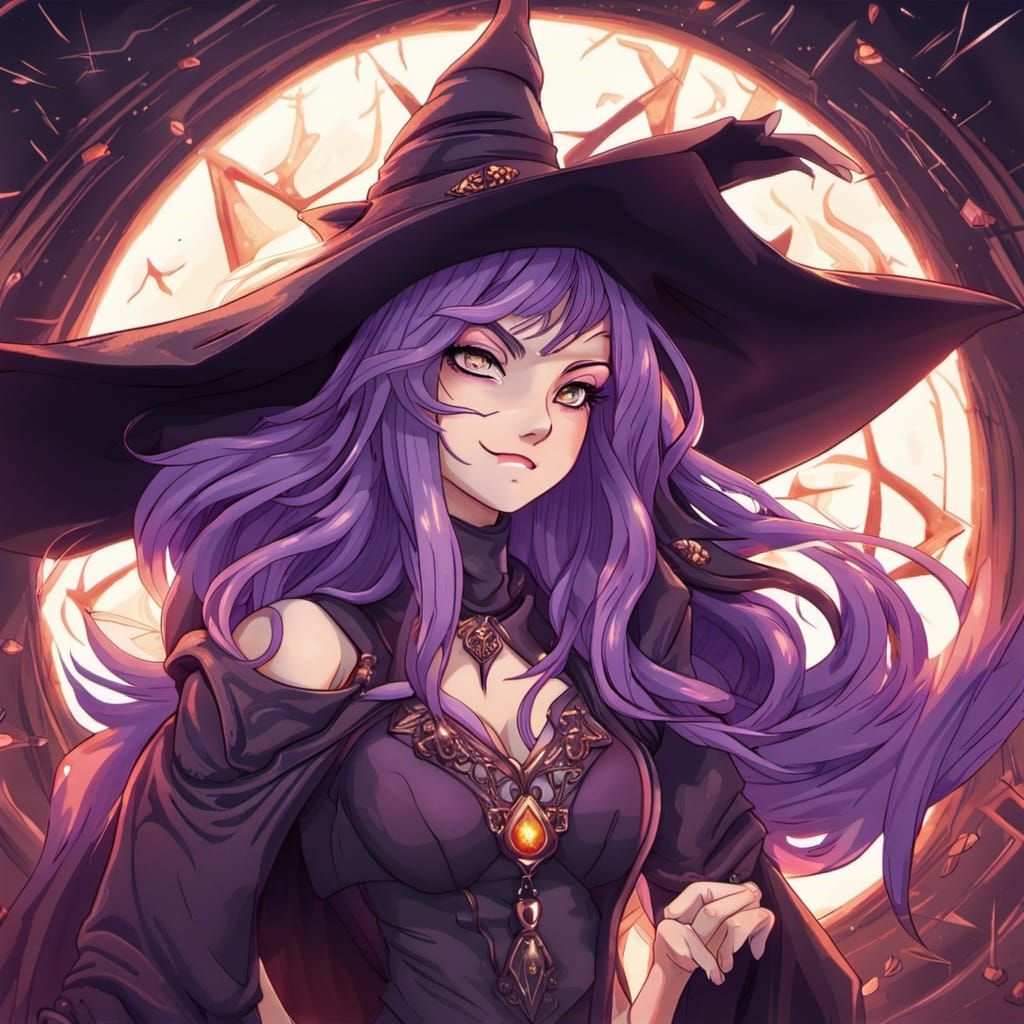 Anime Witch with Purple Hair in Manga Style