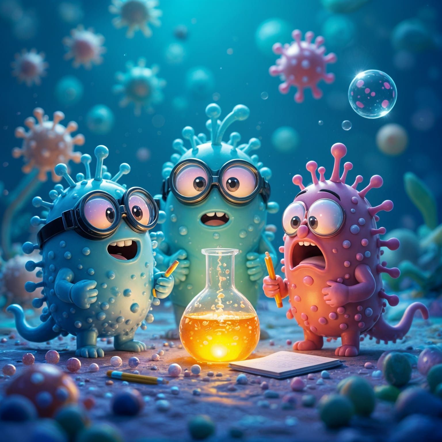 Goofy Microbes Gather Around Glowing Beaker in Cartoon Style