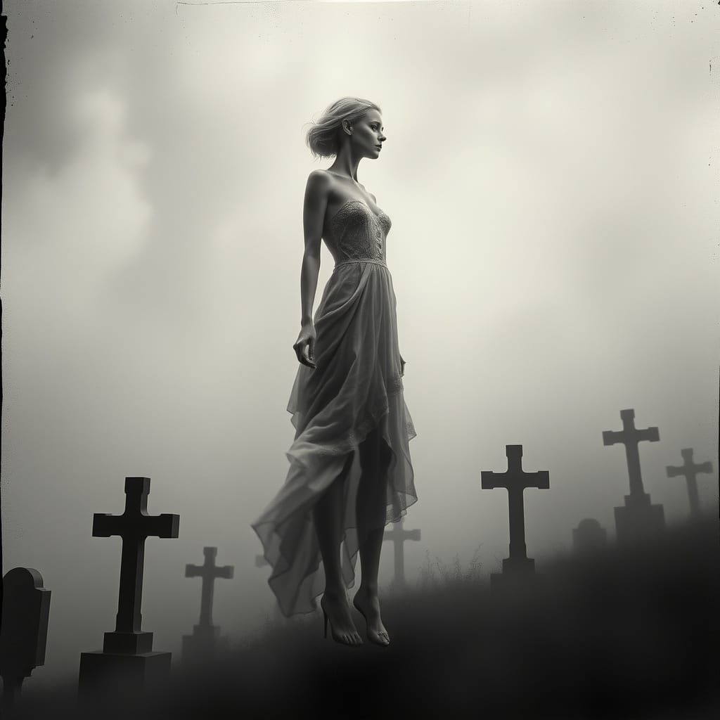 Ghostly Woman Between Worlds in Painterly Horror Style