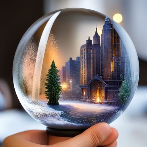 Angel, Unicorn, and Crystal City in Snow Globe