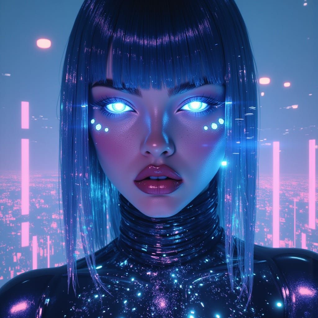Cybernetic Woman in Glowing Futuristic Cityscape