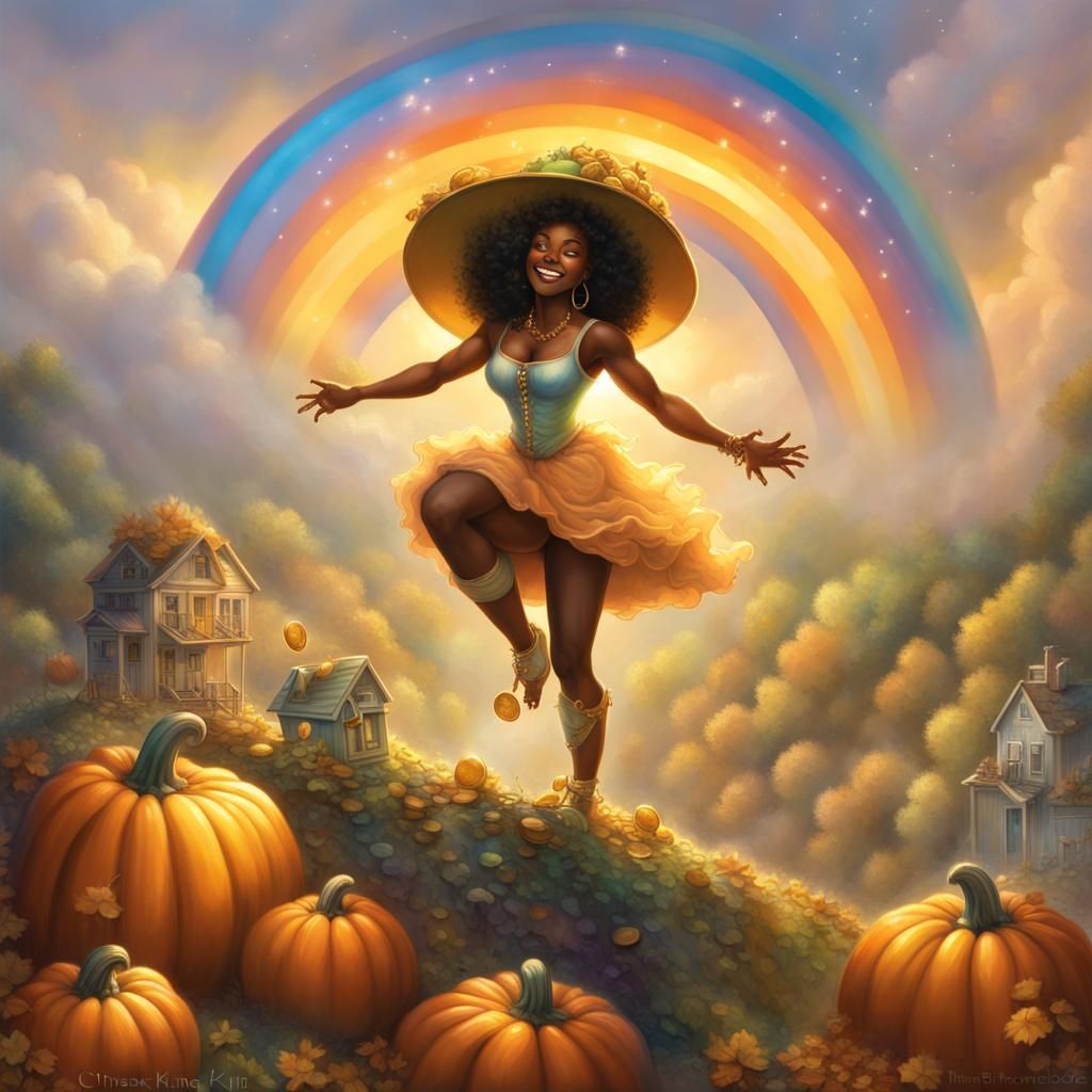 Cartoon Woman's Rainbow Adventure in Pumpkin