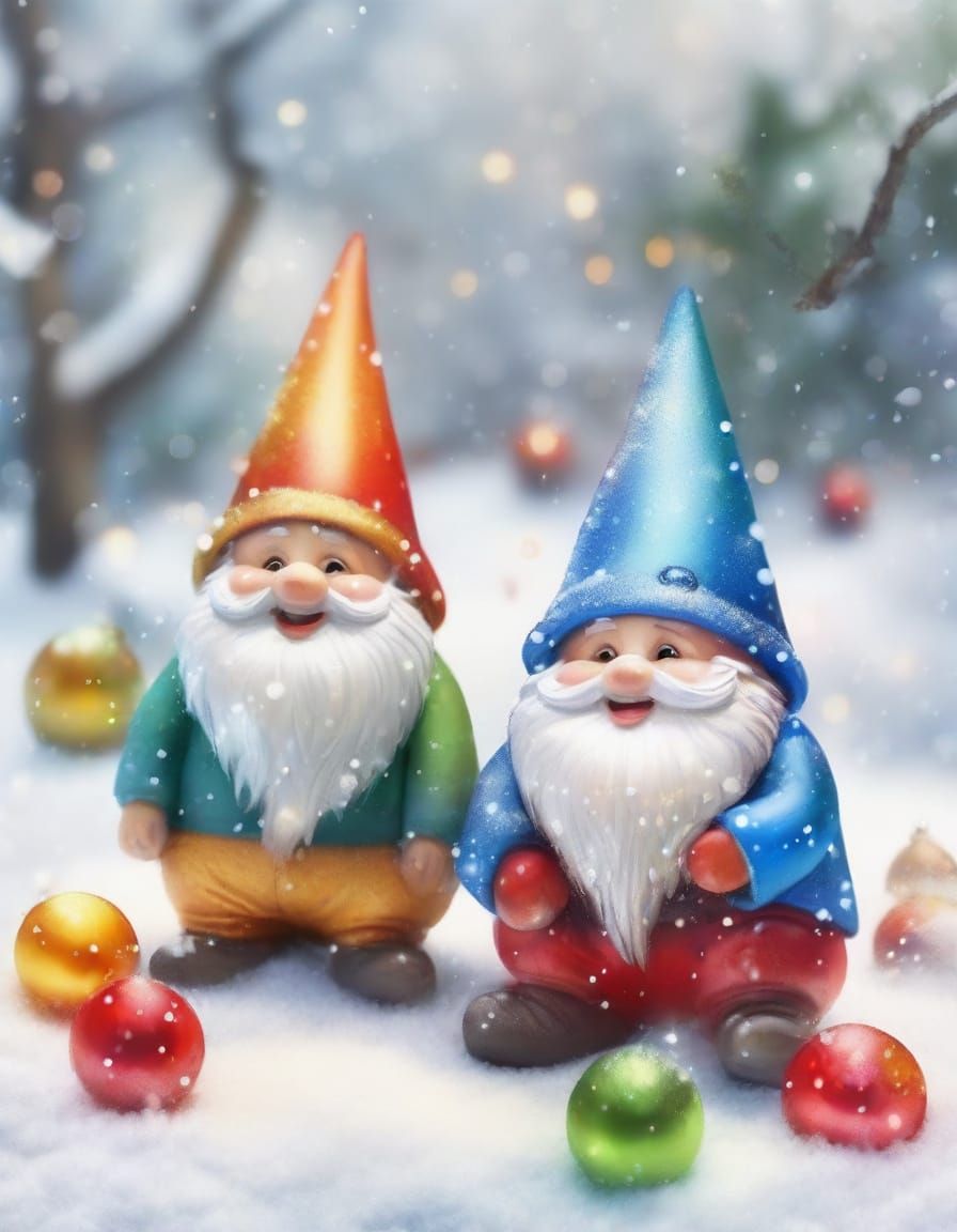 Happy Gnomes in Snowy Winter Forest with Christmas Baubles