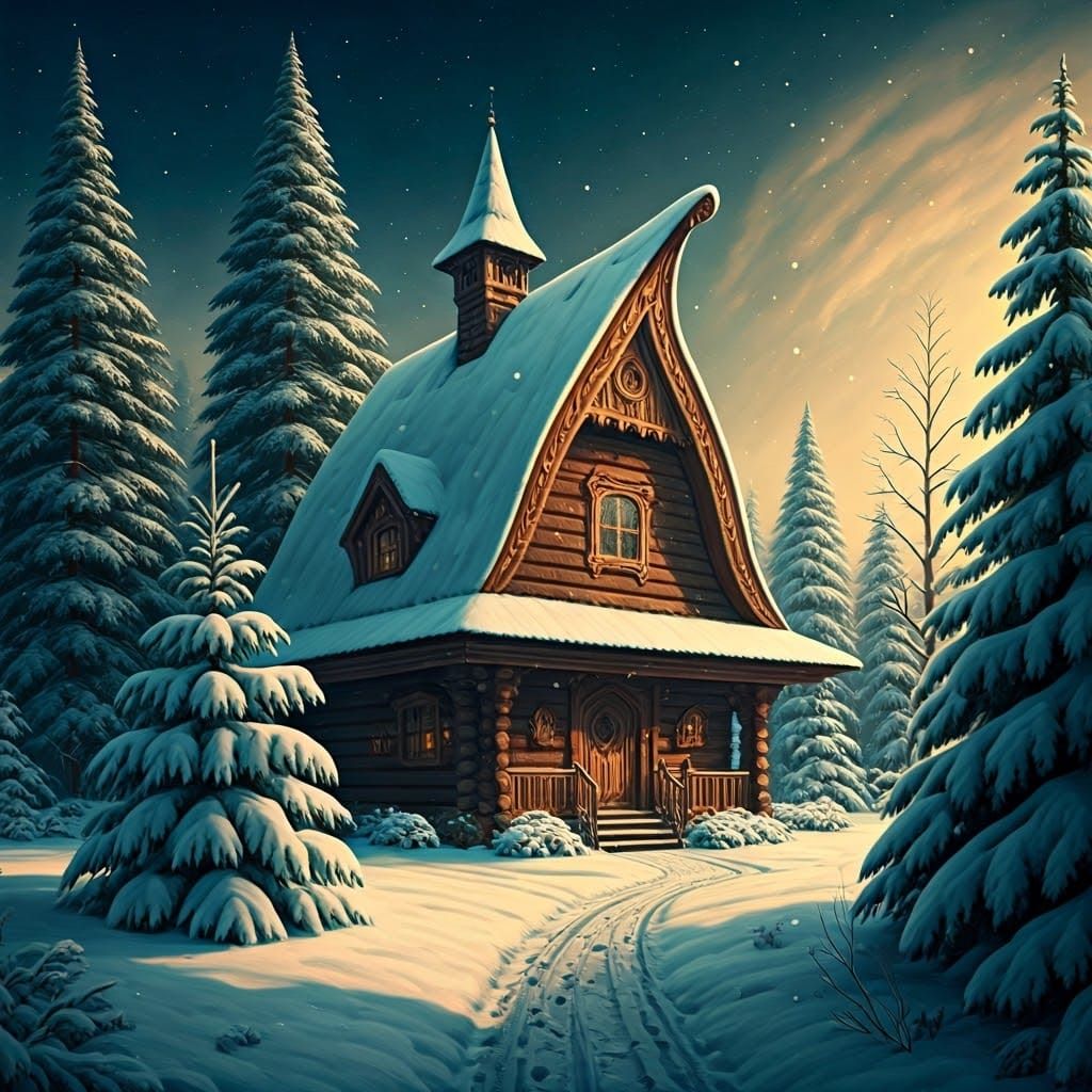 Snowy Witch's Hut in Baroque Folk Art Style