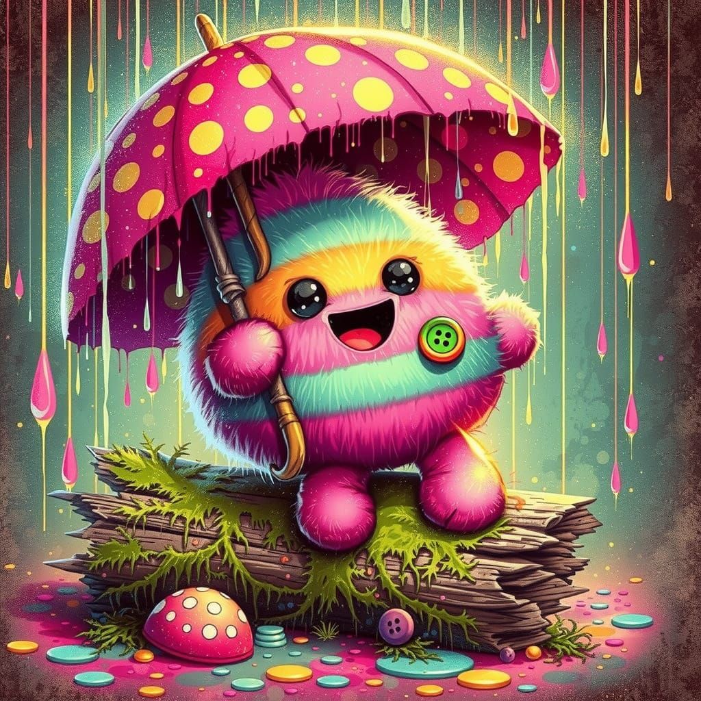 Mushroom Spirit in Grunge Apocalypse with Polka-Dot Umbrella