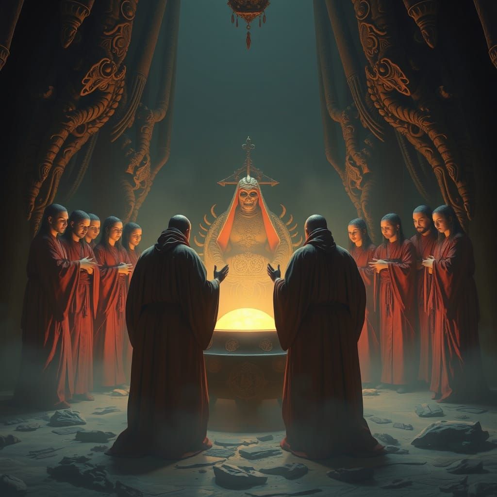 Mysterious Figures Gather Around a Glowing Altar in a Haunti...