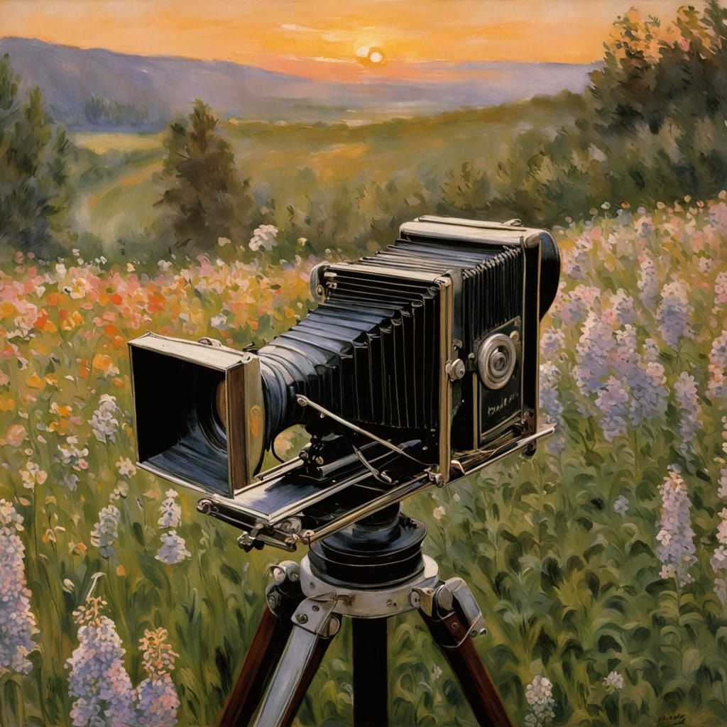 Vintage Camera Portal to Alpine Meadow, Impressionistic Styl...
