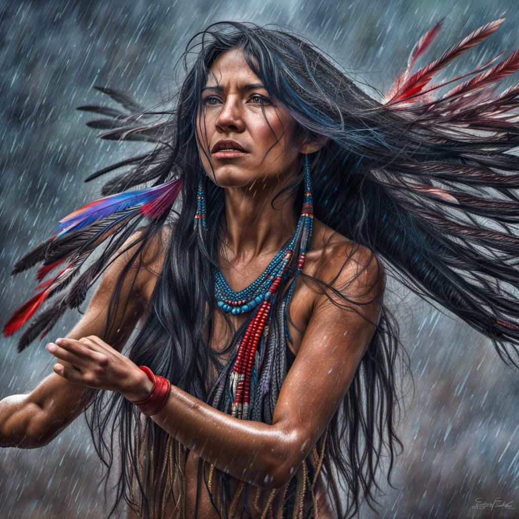 Native American Woman Dancing in Rain with Feathers