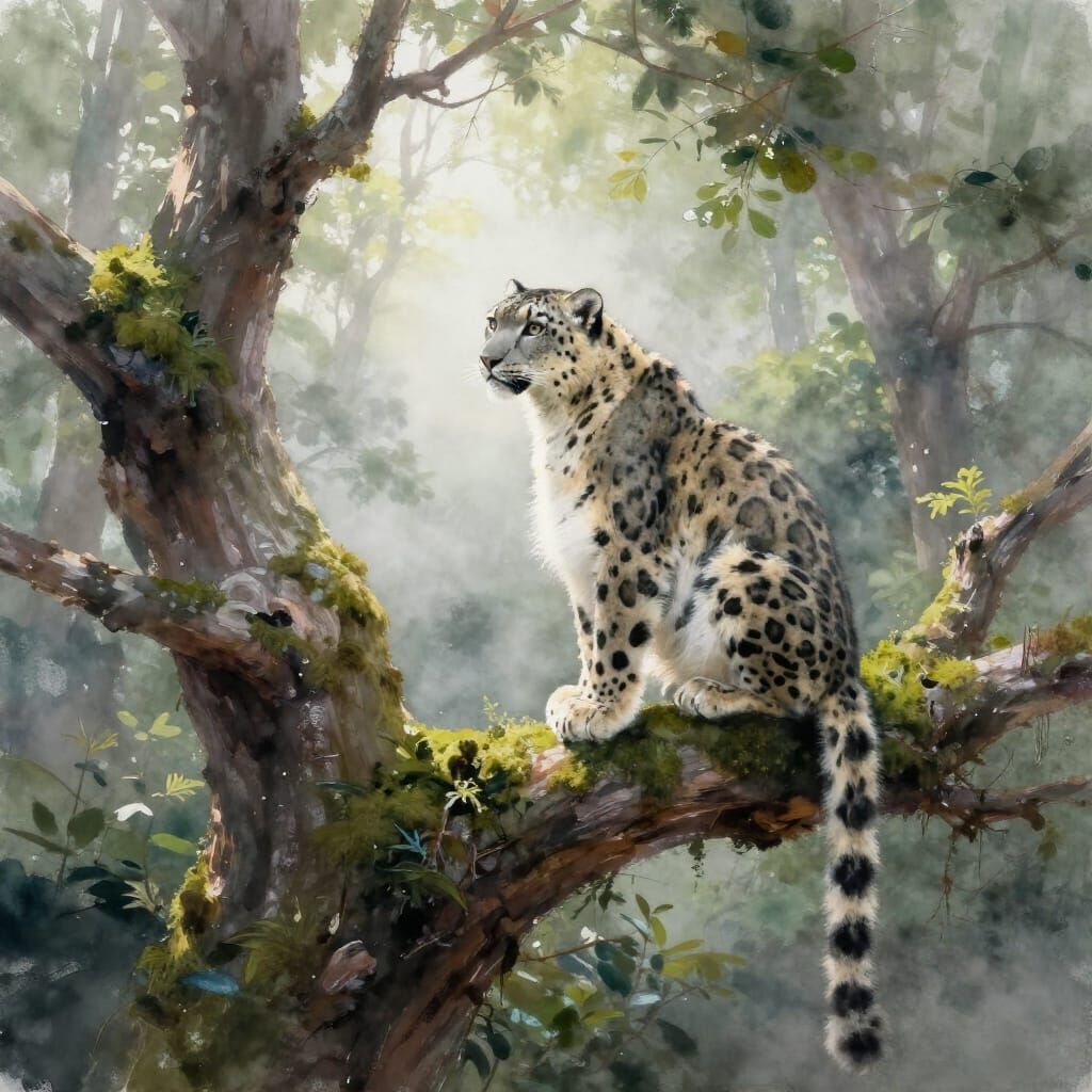 Snow Leopard on Branch in Misty Forest