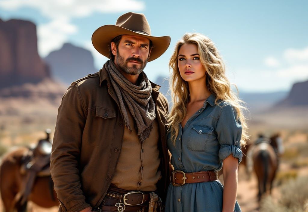 Resilient Cowboy and Woman in Western Landscape