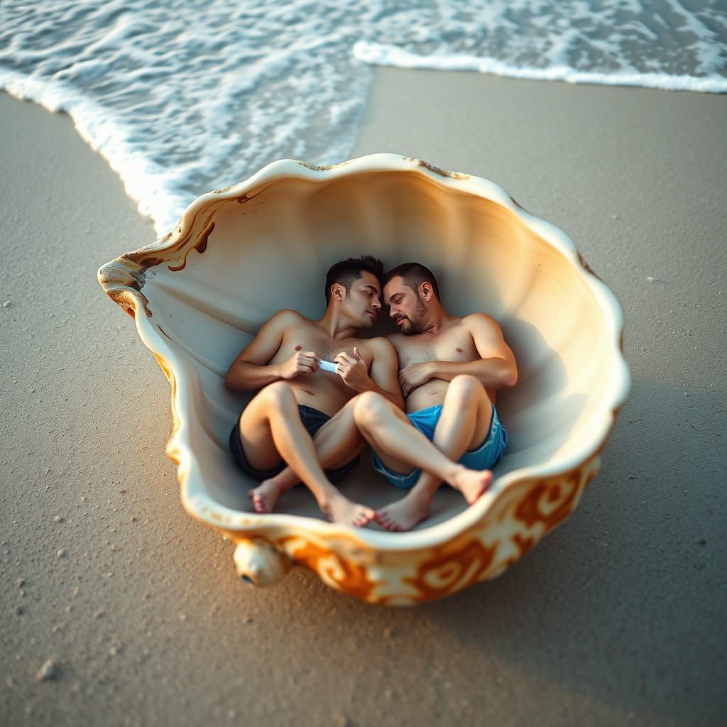 Seaside Embrace: Men Asleep in Giant Seashell