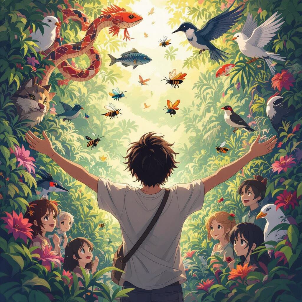 Embracing Nature: A Figure Surrounded by Diverse Wildlife