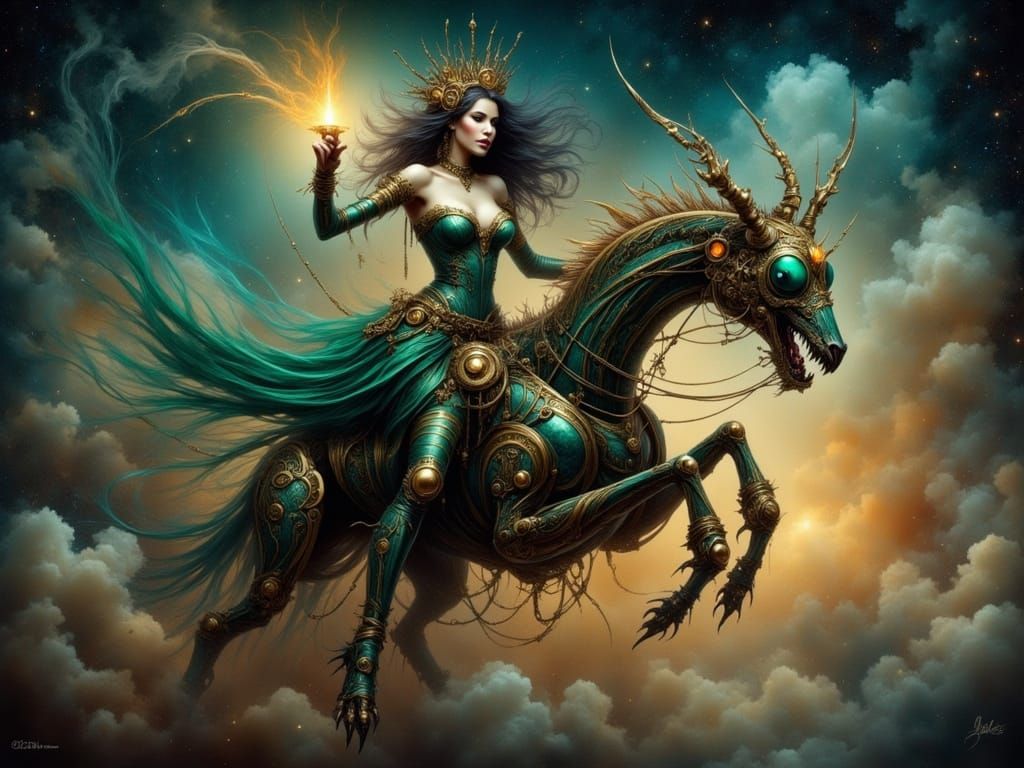 Steampunk Queen Rides Insect-Like Steed Under Starry Night S...