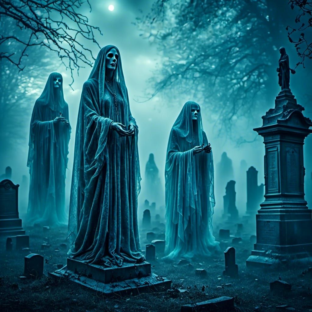 Ethereal Phantom Cats in Foggy Graveyard: Digital Art