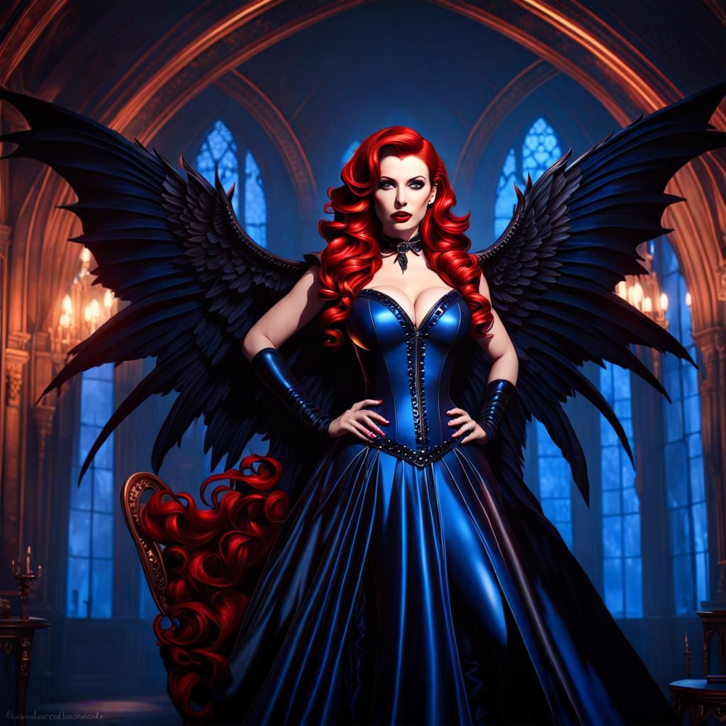 Gothic Vampire With Wings (Redhead & Navy Blue Dress)