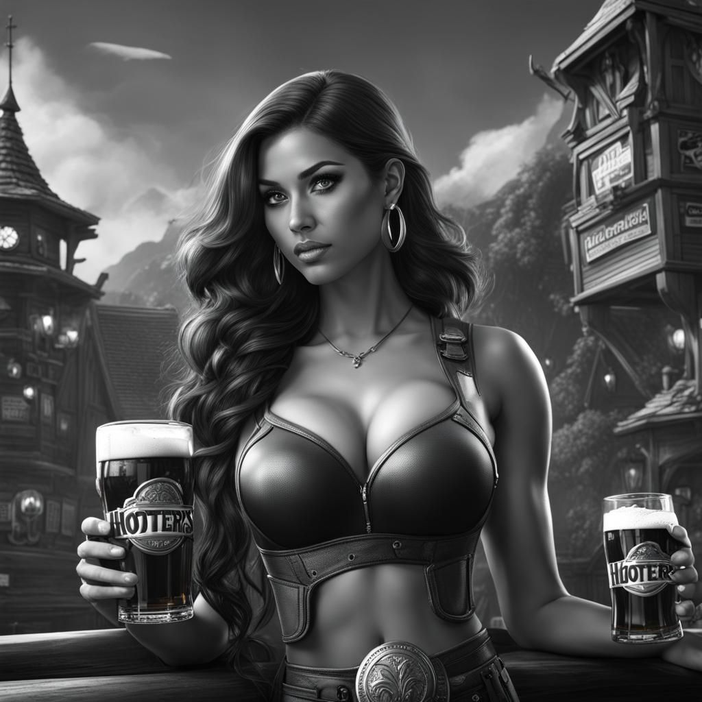 Hooters Girl with Beers: Black and White Fantasy Art