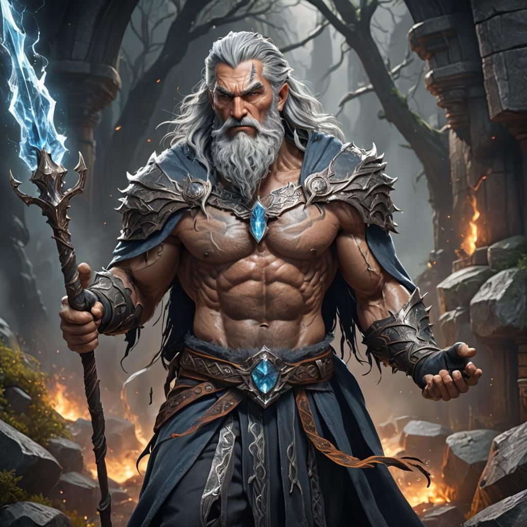 Muscular Wizard with Crystal Staff Fantasy Art