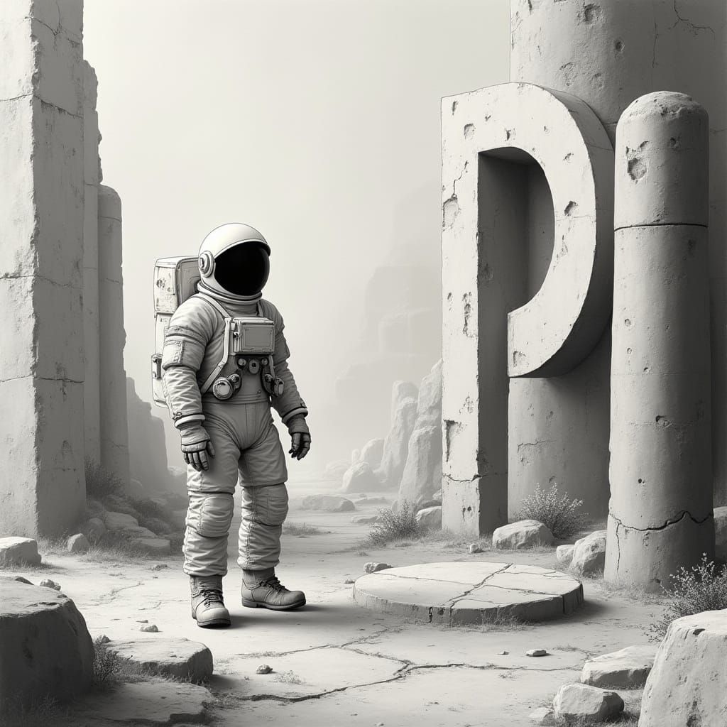 Astronaut in Ruins: Abstract Black and White Art