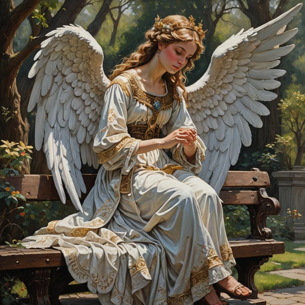Ornate Angel on Bench in Oil Painting Style