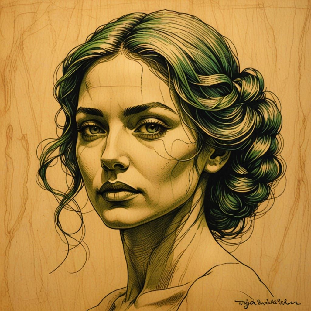 Abstract Face in Blue and Green Etched Style