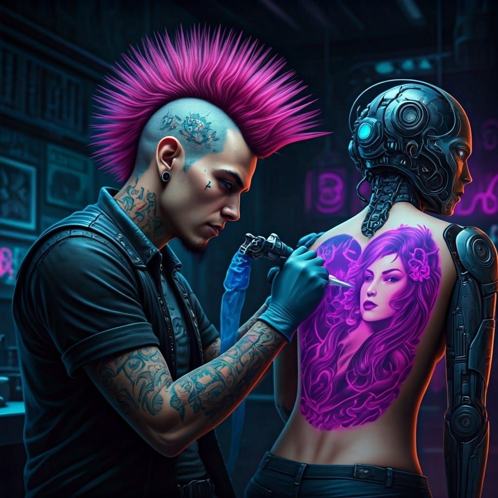 Cyberpunk Tattoo Artist Captured in Neon Masterpiece