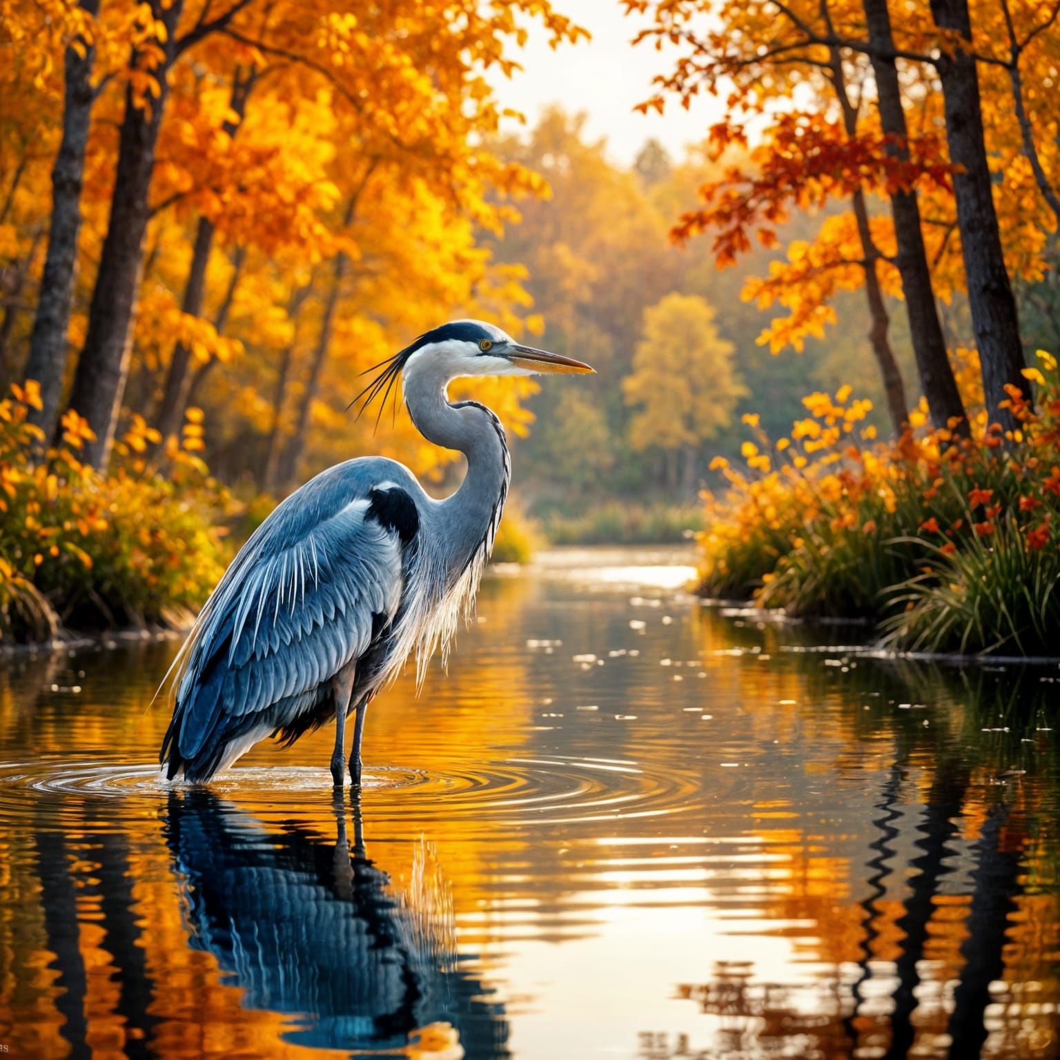 Great Blue Heron in Fall Foliage Reflection