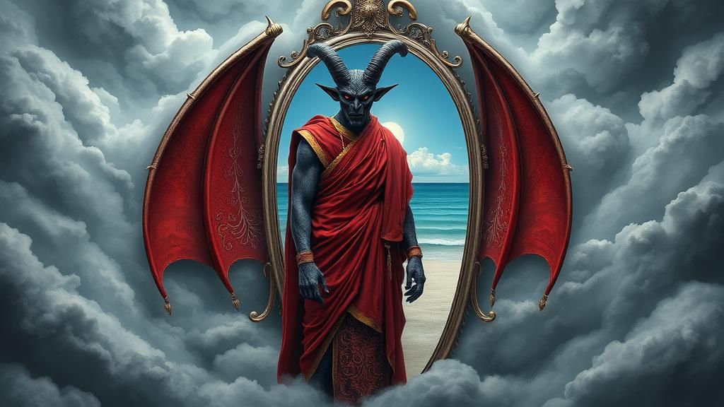 Demon in Mirror Reflecting Tranquil Ocean