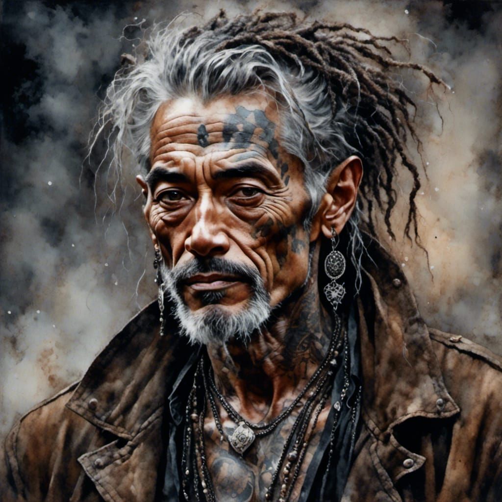 Scruffy Homeless Man in Watercolor Oil Painting