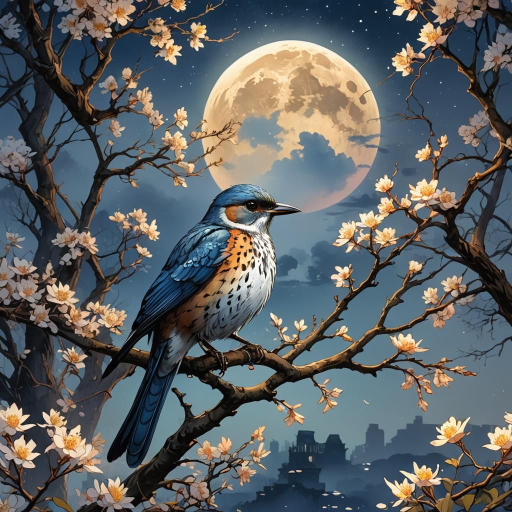 Watercolor Bird Under the Moon at Dawn