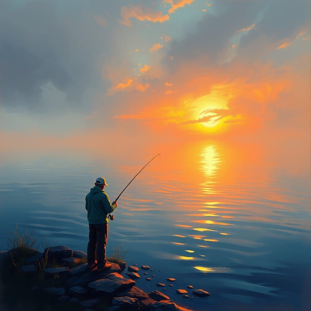 Fisherman at Dawn in Post-Impressionistic Style