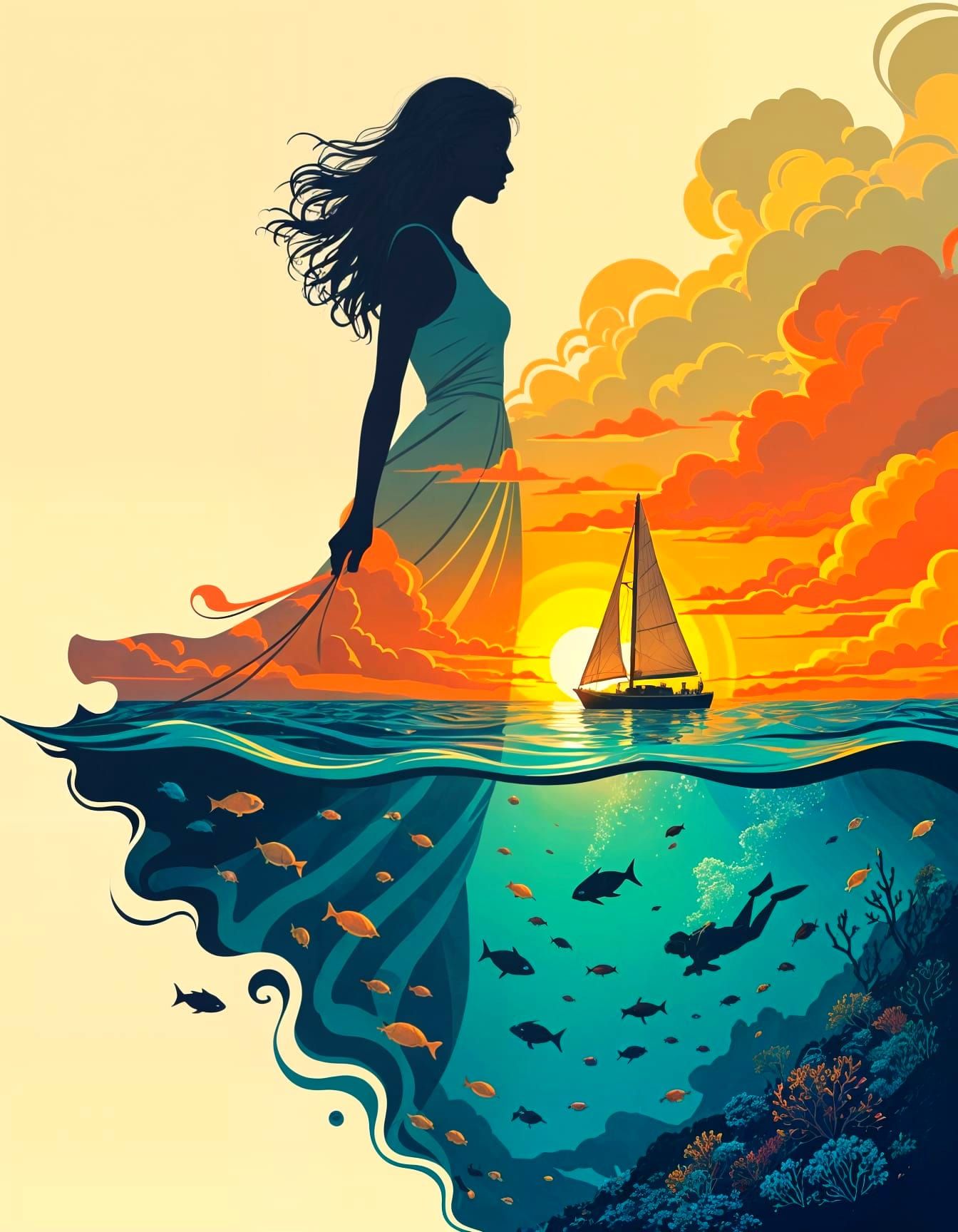 Silhouette Scenery with Sailing Boat in Surreal Style