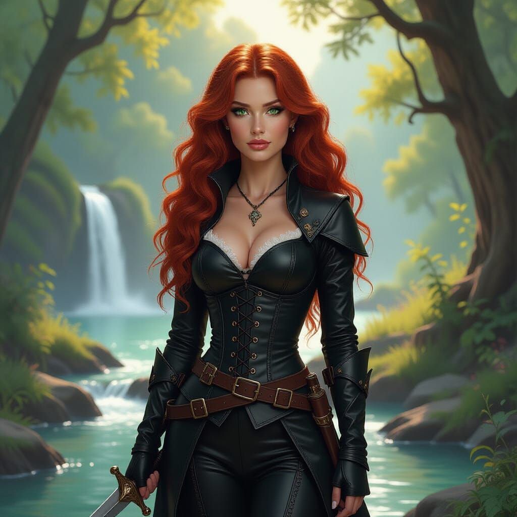 Fiery Woman in Forest Clearing, in Rutkowski Style