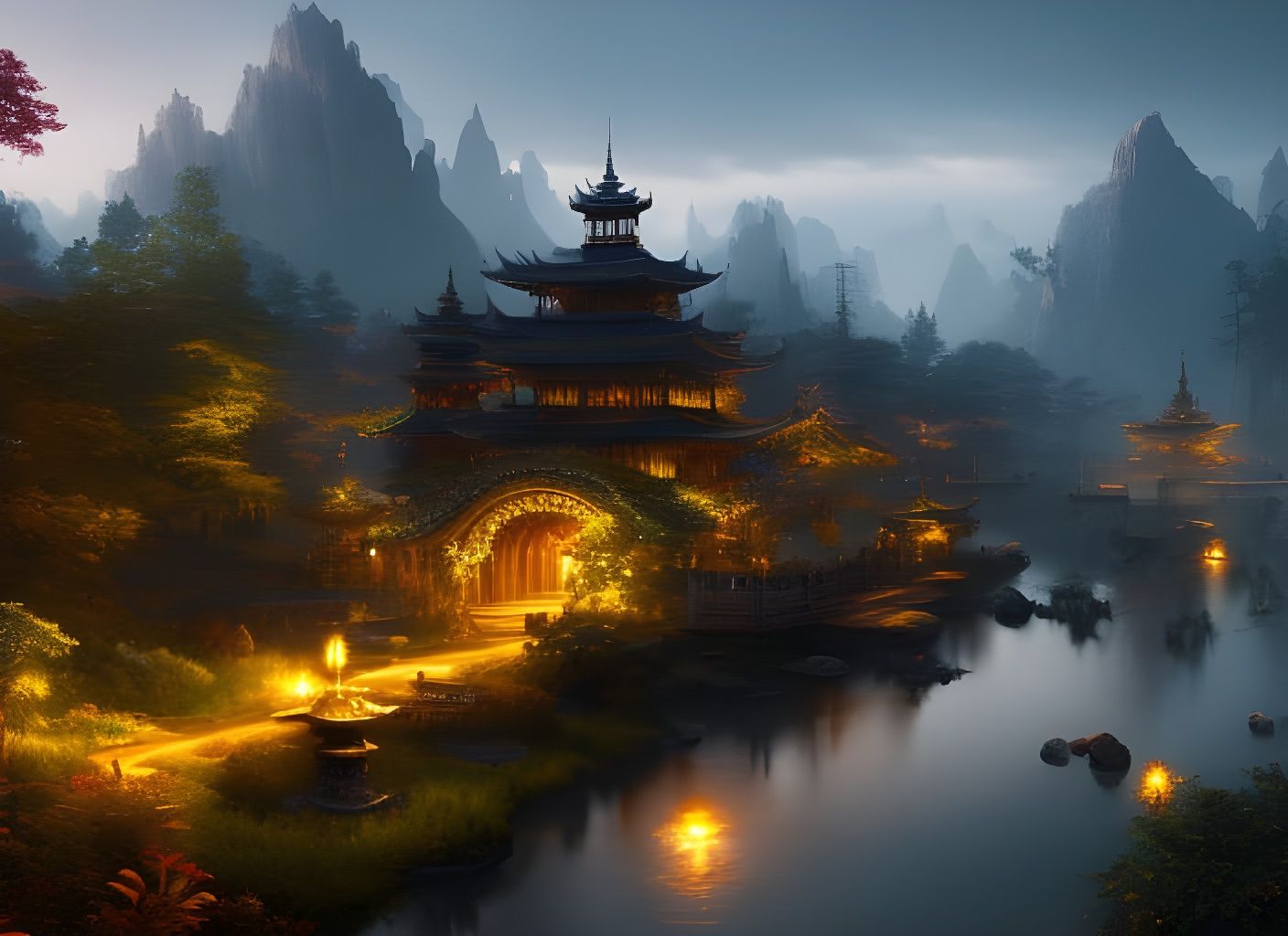 Japanese Garden with Waterways: Hyperdetailed Digital Illust...