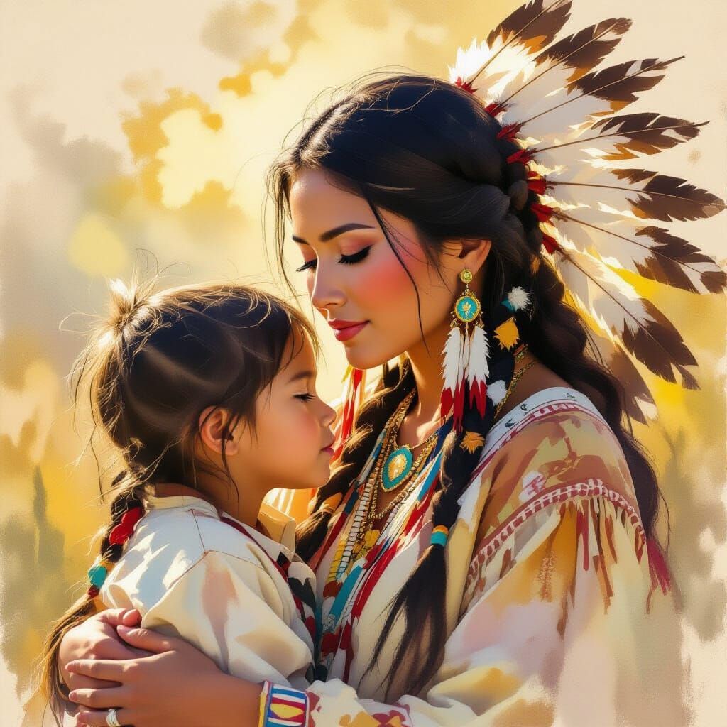 Ethereal Native American Mother and Son, Impressionist Style