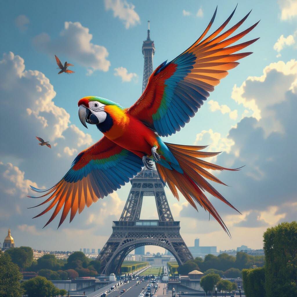 Vibrant Parrot Flies Over Eiffel Tower in Ethereal Glow