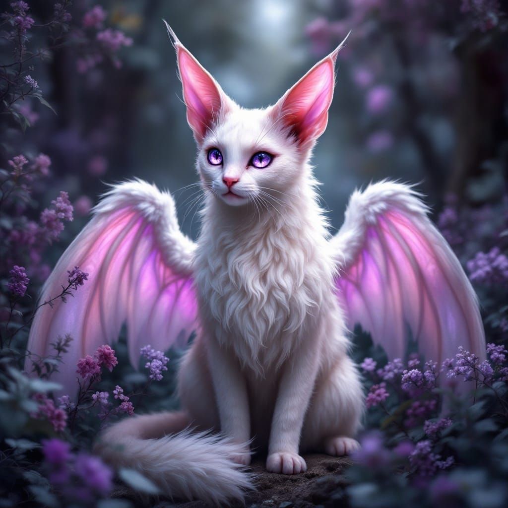 Whimsical Fantasy Feline with Wings, Forest Background, in a...