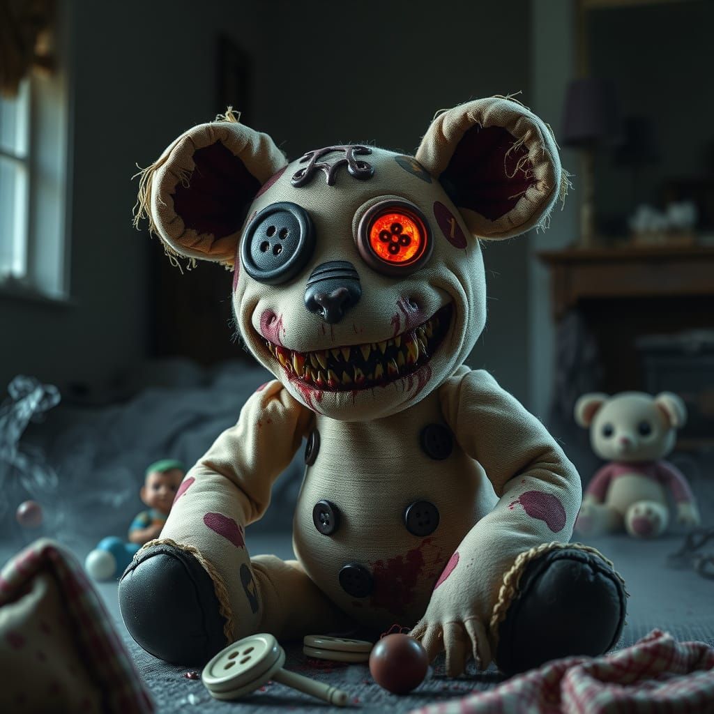 Ragged Stuffed Animal with Glowing Eyes in Dark Room