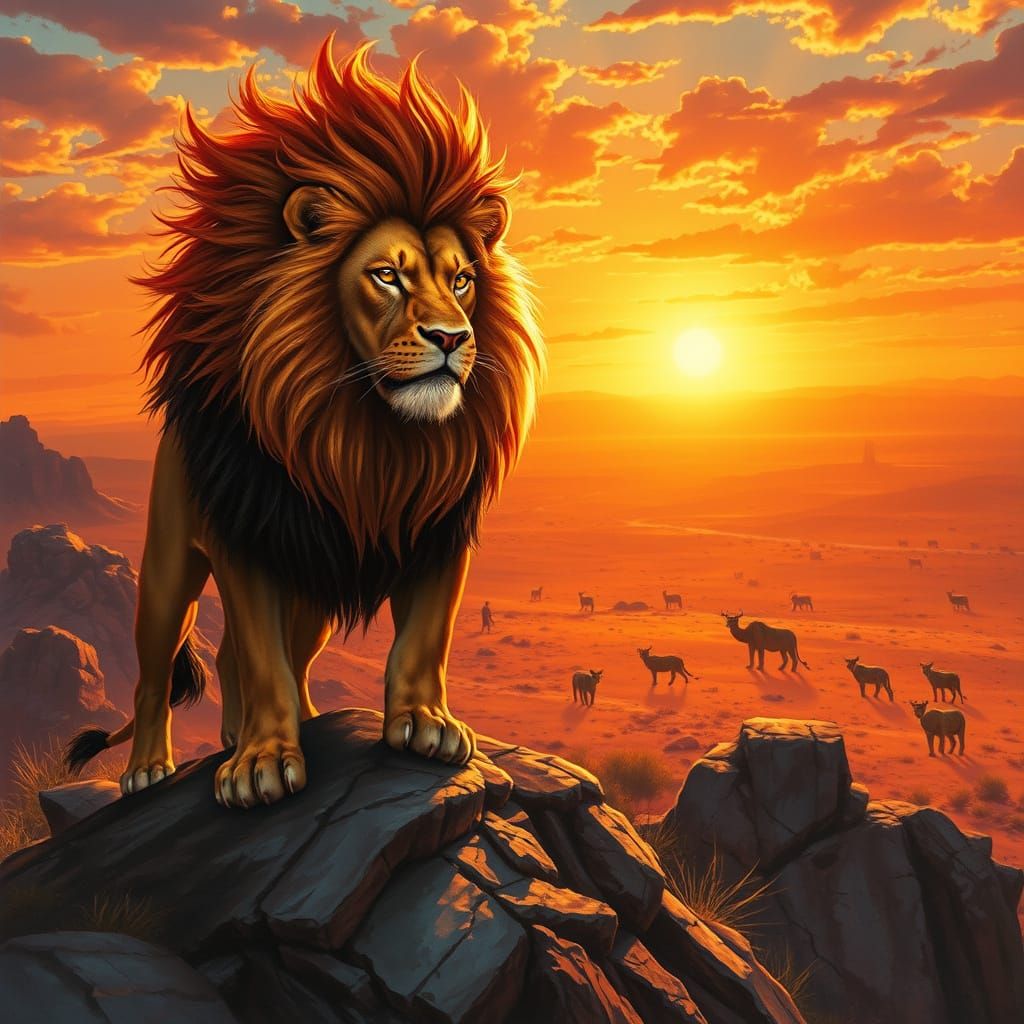 Majestic Lion with Flaming Mane in Fantasy Style