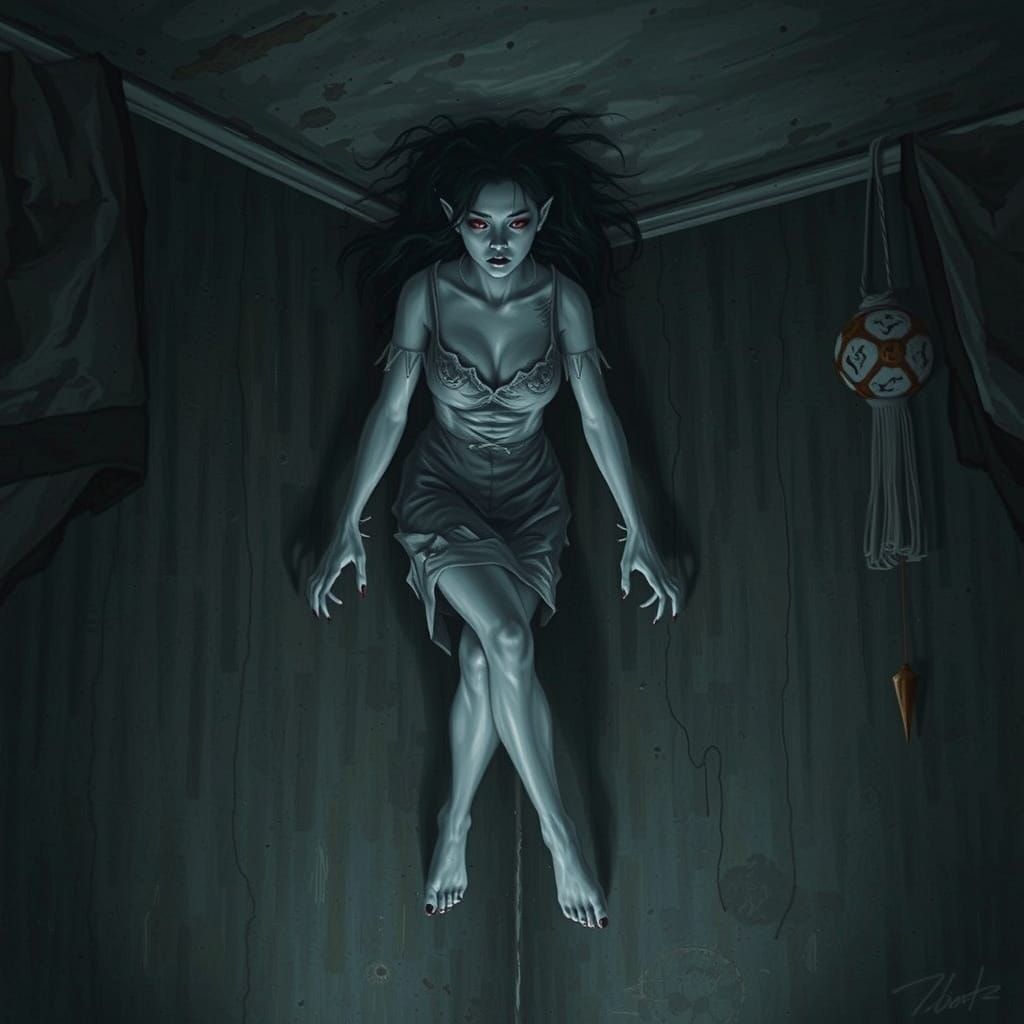 Creepy Ghost in Dark Room Oil Painting