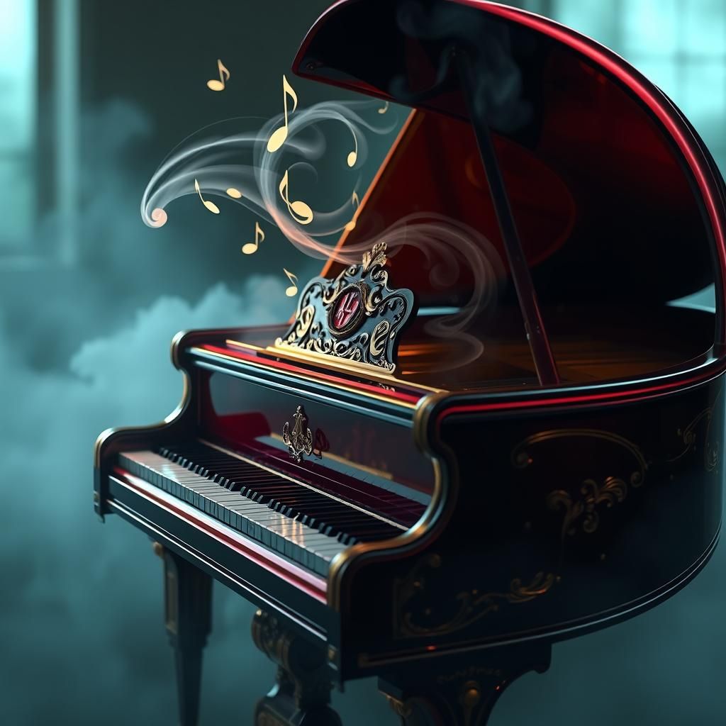 Ornate Piano with Swirling Mist Notes