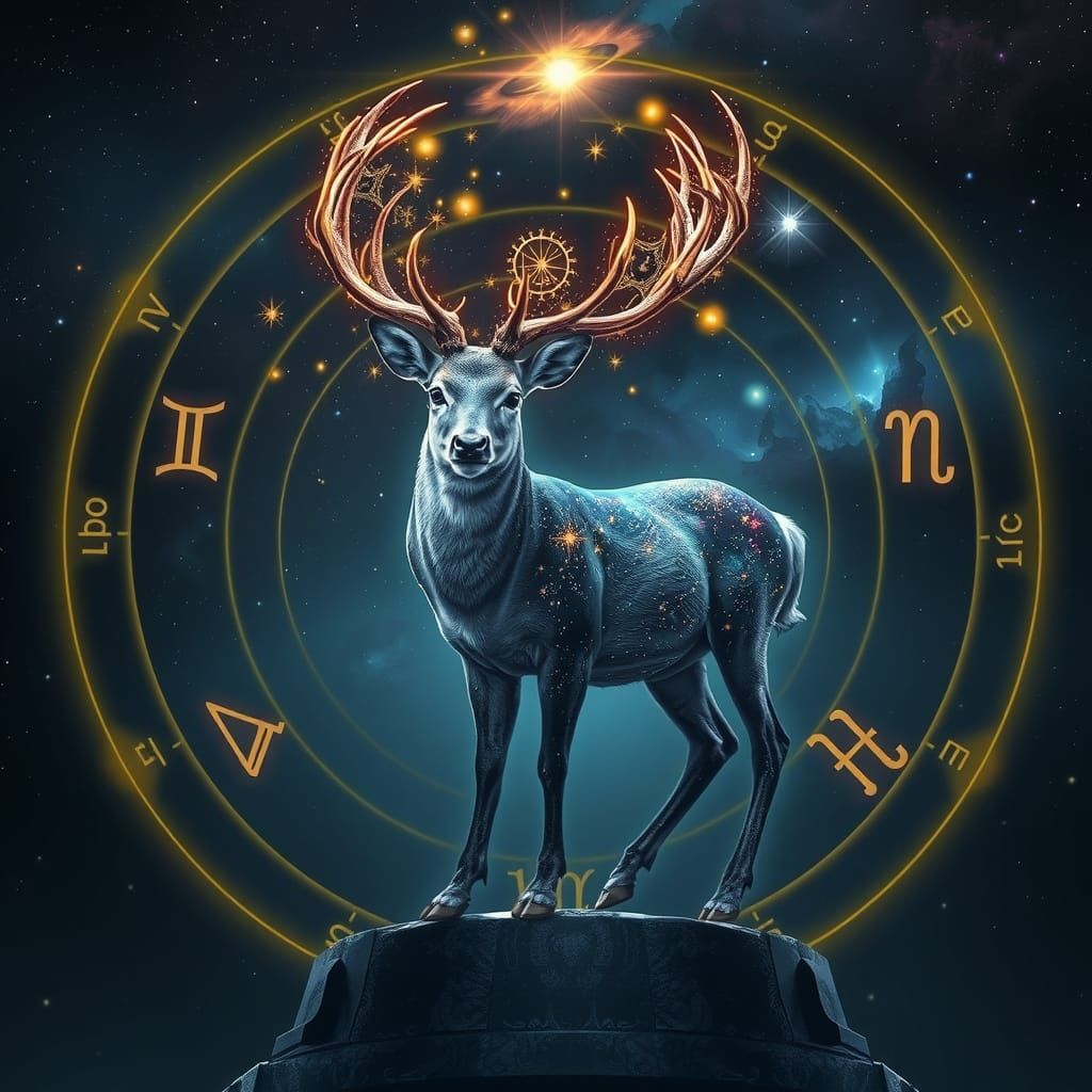 Celestial Deer in Zodiac Circle, Magical Realism