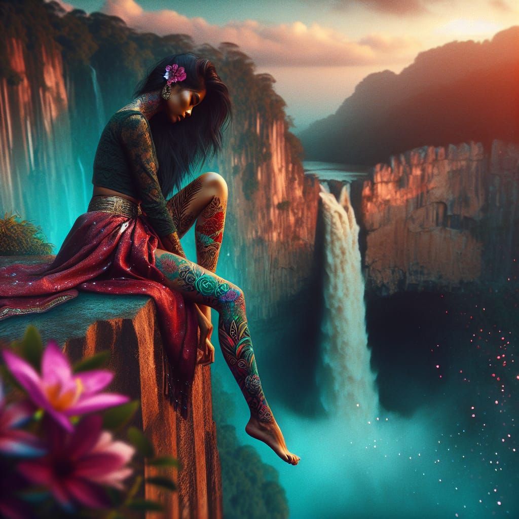 Woman on Cliffside Overlooking Waterfall in Hyperrealism