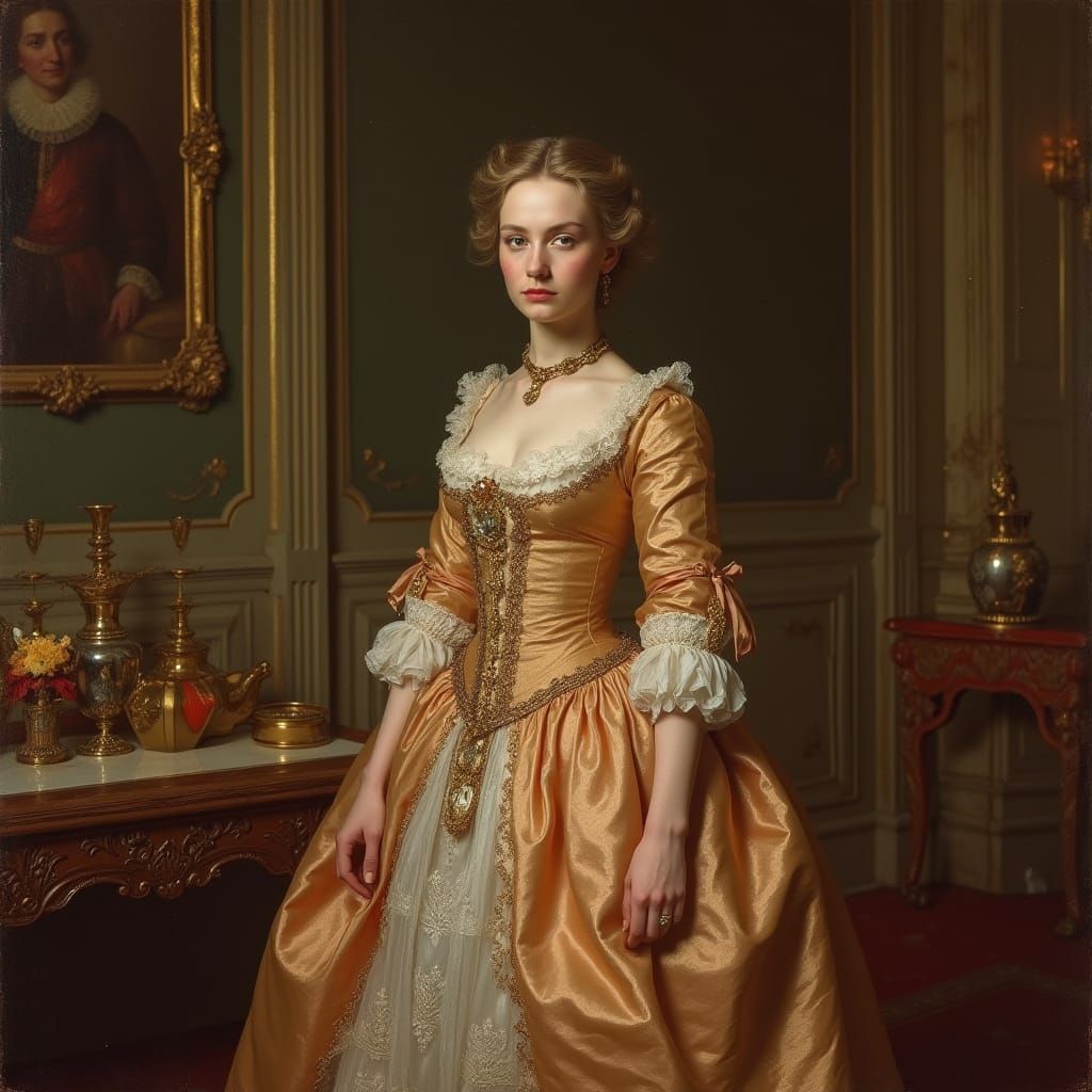 Regal Woman in Lavish Ballroom, Neoclassical Style